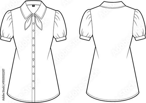 Women's blouse sketch with bow collar, short sleeves, button-down front and back view, fashion illustration, clothing design template, sewing pattern