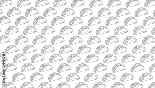Taco Seamless Pattern. Mexican Food Repeating Motif. Hand Drawn Outline Illustration. Monochrome And Color Variations. Packaging Textile Background Design.