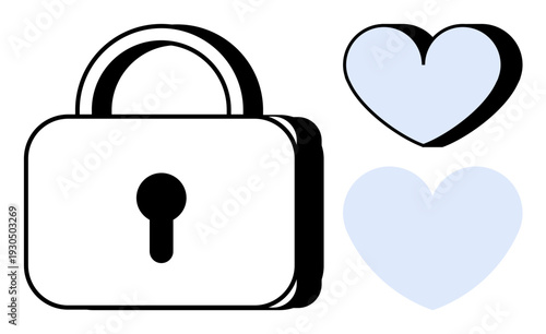 Data privacy, secure relationships, emotional protection, trust, commitment, cybersecurity. A padlock and two heart shapes. Secure relationships and emotional protection symbolism