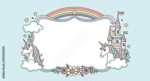 Whimsical unicorns with castle and rainbow frame a blank space surrounded by fantasy elements and flowers in an illustration