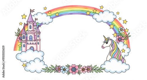 A rainbow arch with a unicorn and castle in the clouds with flowers and stars