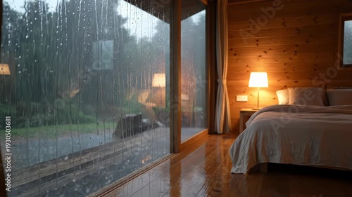 Cozy bedroom interior with large window overlooking rainy forest scene