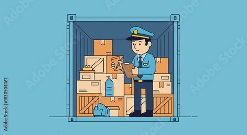 An inspector checking cargo inside a shipping container with stacks of boxes and crates