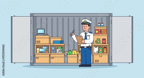 Logistics Officer Inspecting Inventory Inside a Shipping Container with Boxes and Items