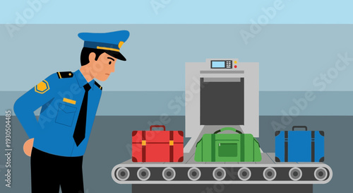 Airport security officer inspects luggage on conveyor belt at scanning machine during travel.