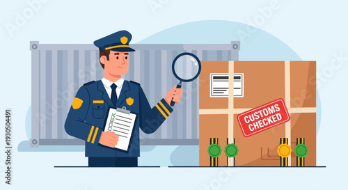 Customs officer with magnifying glass inspects package and clipboard at shipping terminal