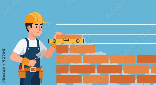 Skilled construction worker carefully laying bricks and using a level to build a new wall.