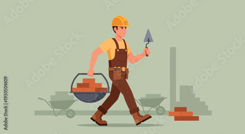 Construction worker in hardhat carrying bricks and trowel at building site
