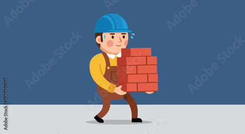 Construction worker in blue hard hat carrying a stack of bricks