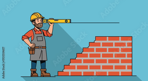 Skilled builder meticulously checking brickwork level with a spirit level
