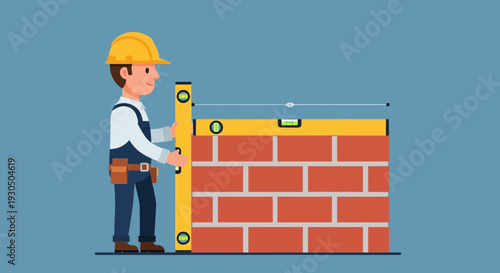 Skilled construction worker using a level tool to ensure brick wall accuracy during building project