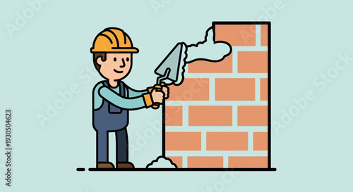 A cartoon builder wearing a hard hat applies mortar to a brick wall with a trowel