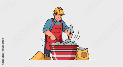 Construction worker in hardhat mixing cement with trowel in red bucket with sand and materials nearby