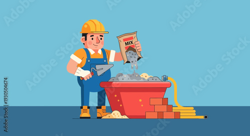 Construction worker mixing cement in a red bucket with trowel and bag of mix