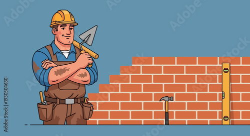 Skilled construction worker holding a trowel and hammer near a brick wall