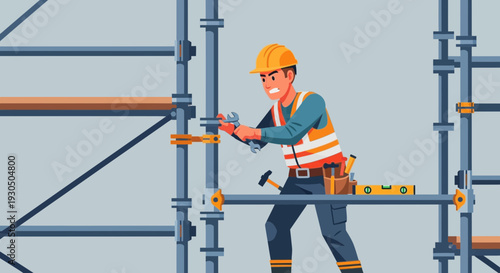 Construction worker actively repairs scaffolding structure with tools