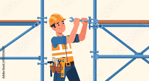 Construction worker with tools assembling scaffolding on a building site
