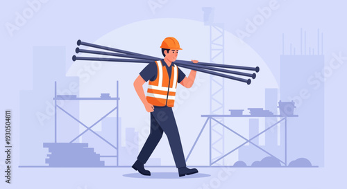 Construction worker carrying steel rods at a building site with cranes in the background.