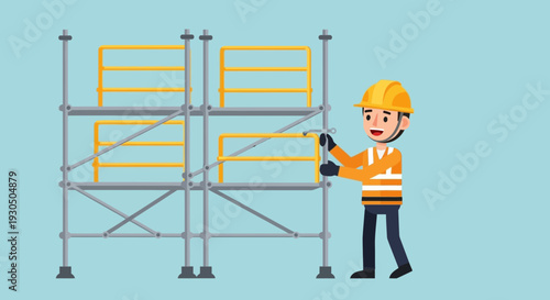 Construction worker wearing a hardhat assembling scaffolding on a building site