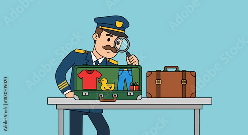 Security officer meticulously inspecting luggage contents with a magnifying glass at an airport.