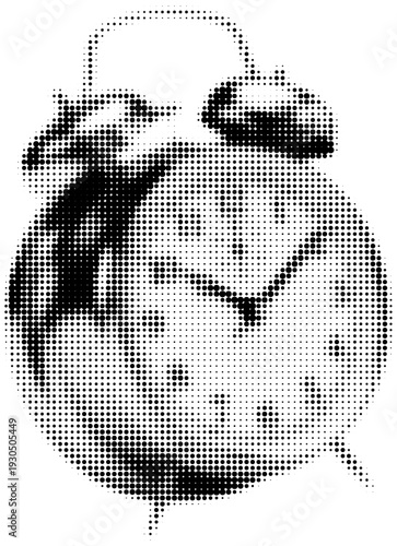 Classic Alarm Clock Close Up Isolated in Retro Black and White Halftone Collage Element
