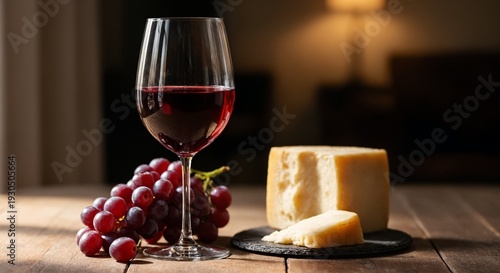 Red wine glass with grapes and cheese on table