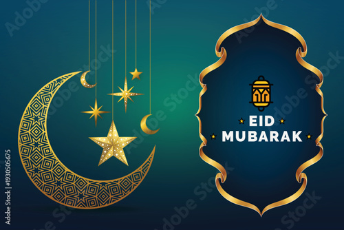 Decorative Eid Mubarak card featuring golden star moon and elegant Islamic border.