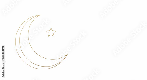 Golden crescent moon and star symbol on white background
