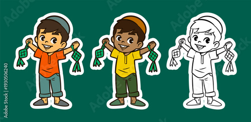 Happy Muslim Boys Holding Ketupat for Eid Celebration