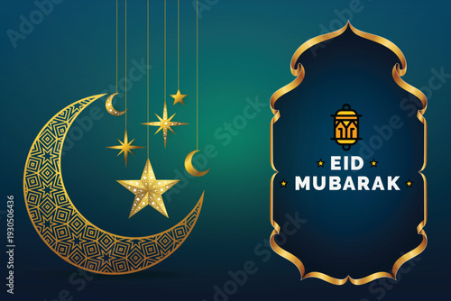 Traditional Islamic banner for Eid celebration with elegant golden moon.
