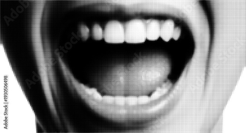 Open Mouth Close Up with Teeth in Retro Black and White Halftone Collage Element