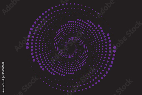 Flowing dot particles wave curve pattern purple and black gradient light isolated on black background in concept of AI technology, science, music. Vector
