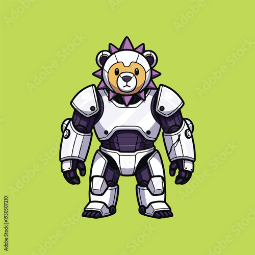 A cute bear character in a formidable robotic armor suit, blending an adorable animal with advanced technology, suitable for mascots or gaming and futuristic branding