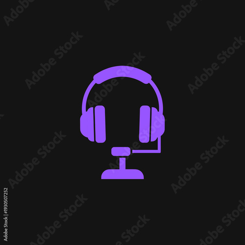 Purple Headset with Microphone Icon for Customer Support and Podcast on Black Background Vector Logo Design.