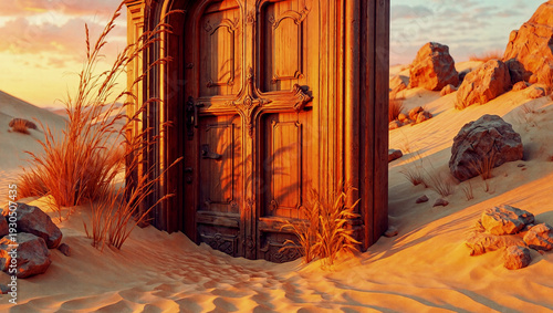 Ancient Ornate Wooden Door with Cross Carving Buried in Desert Sand Dunes at Golden Sunset