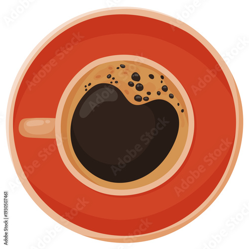 Minimalist flat illustration of a coffee cup filled with dark espresso or americano on a vibrant red saucer. Top view of a caffeine drink isolated on white background