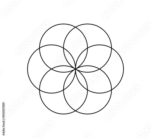 Six intersecting circles. Circle Venn diagram with six parts. Infographic chart line icon. 6 overlap balance elements diagram. Vector illustration isolated on white background.