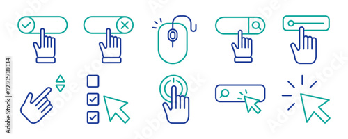 Pointer and Cursor icon set. Containing Touch Gesture, Selection, Computer Mouse, Arrow, Finger, Thumb, Touch Screen, and more. Outline Icon Collection. Editable stroke. Vector illustration