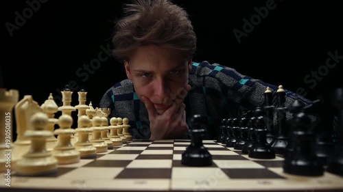 A young man is sitting in front of a chessboard with pieces and thinking about the next move. The chess player is assessing the risks before making the first move. A thoughtful chess player