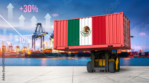 Tableau sur toile Mexican Trade: A vibrant image of a cargo container emblazoned with the Mexican flag being transported, symbolizing the nation's burgeoning import and export market