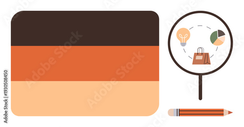 Business strategy, digital marketing, analytics, creative process, project planning, branding. Magnifying glass, pencil icons for ideas shopping and pie charts. Business strategy and digital