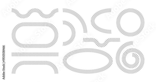 Spiral spring set. Metal wire coil spring icon collection. Thin zigzag waves symbol. Flexible coil shapes. Loop line pattern. Vector illustration isolated on white background. 