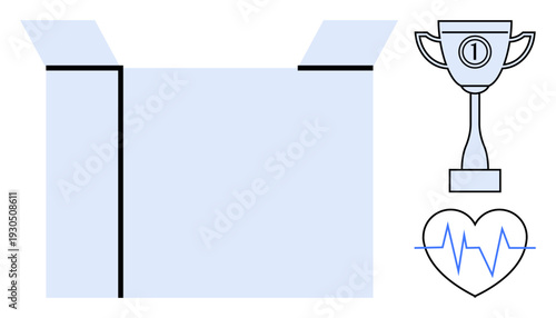 Achievement concept. Open box with symbols of a trophy and a heartbeat line success, goals, and health. Achievement in wellness, motivation, fitness, goal setting, rewards