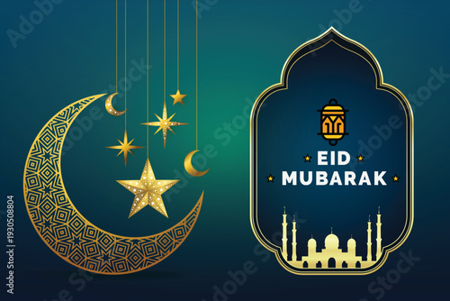 Eid Mubarak social media post design with golden lanterns and moon illustration.