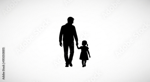 Silhouette of a man and little girl holding hands walking together on a white background symbolizing love care and companionship