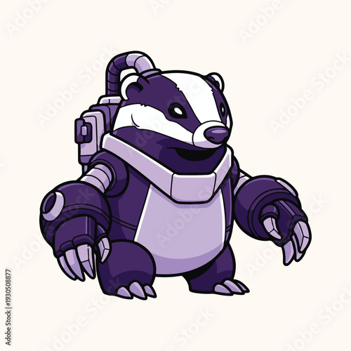 An adorable, cartoon-style illustration of a badger dressed in a futuristic robotic suit, standing upright and ready for action