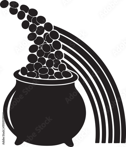 Black silhouette of a bubbling cauldron with rainbow isolated on transparent background