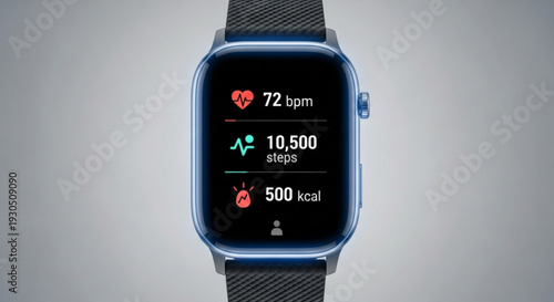 Smartwatch display with heart rate steps and calorie data on screen wearable technology device with black band and blue border on gray background