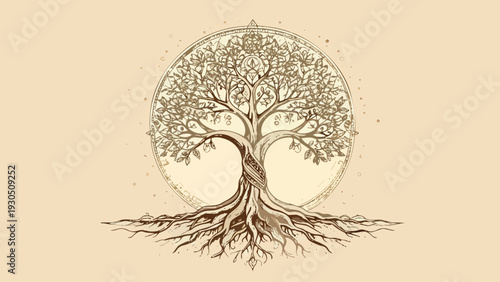 Sacred tree of life drawing with roots