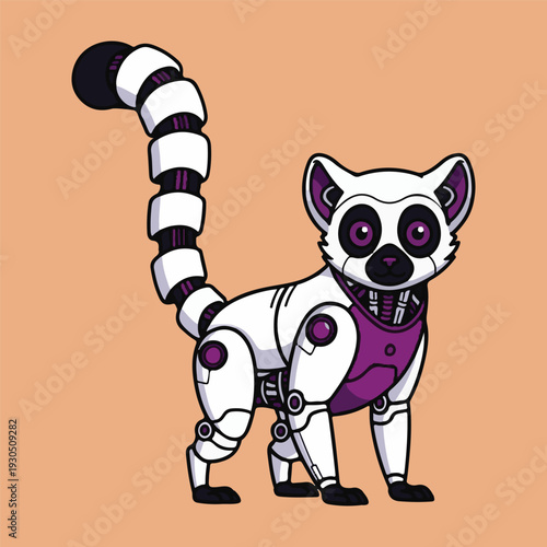 Captivating Vector Illustration of a White and Purple Robotic Lemur, Symbolizing the Integration of Wildlife with Cutting-Edge Technology and Futuristic Design